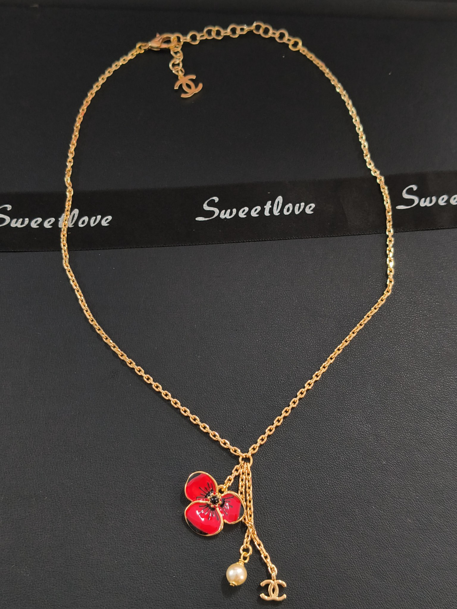Red Floral & Pearl Charm Necklace